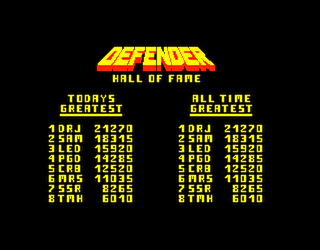 Defender high score screen