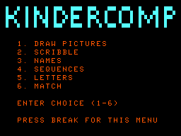 Kindercomp main menu screen
